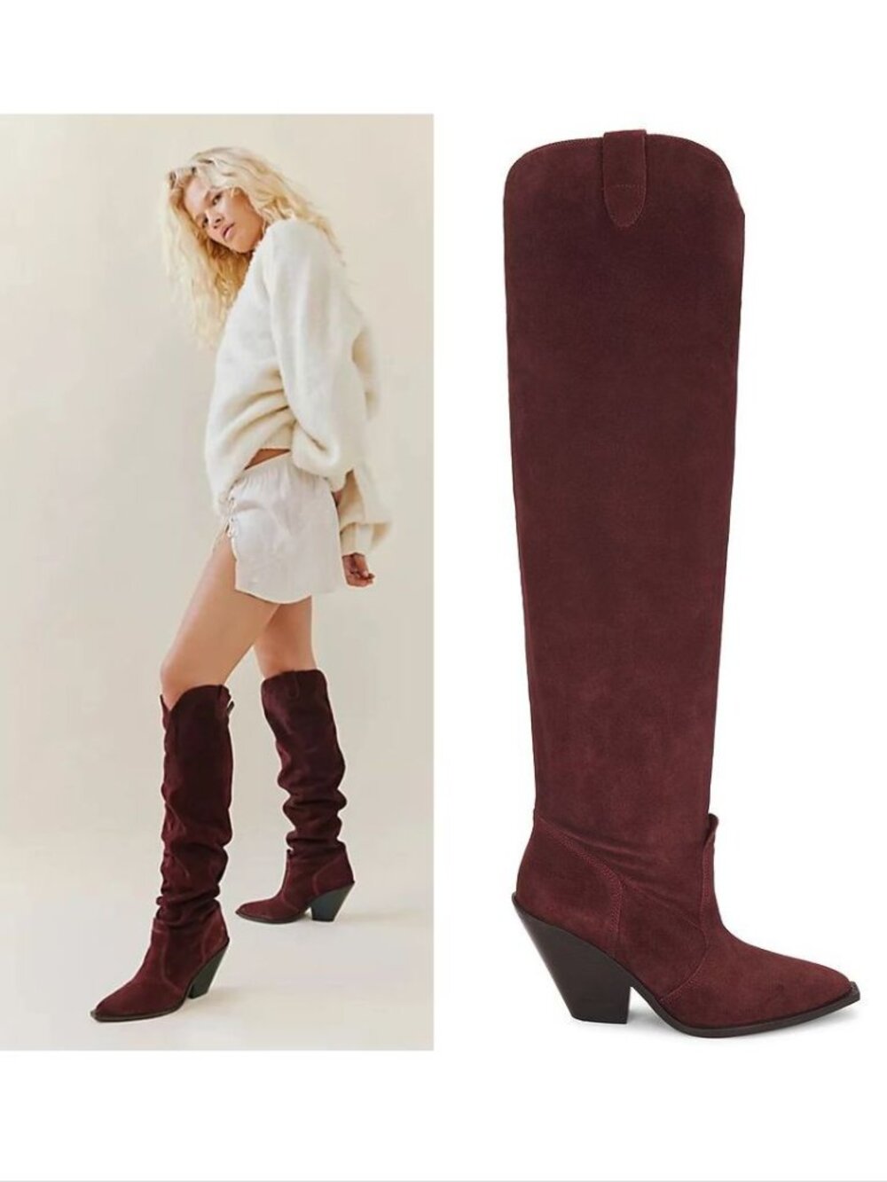 FREE PEOPLE Triple Crown Over the Knee Boots 7 Brown Burgundy Suede Western NEW